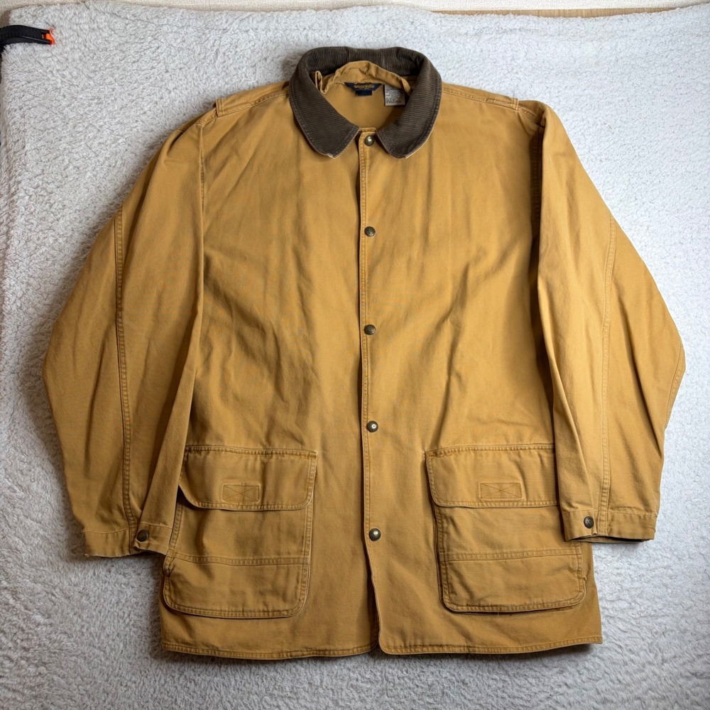 Woolrich John Rich & Bros Saddle Long Barn Jacket Tan Canvas Wool Lined Mens L